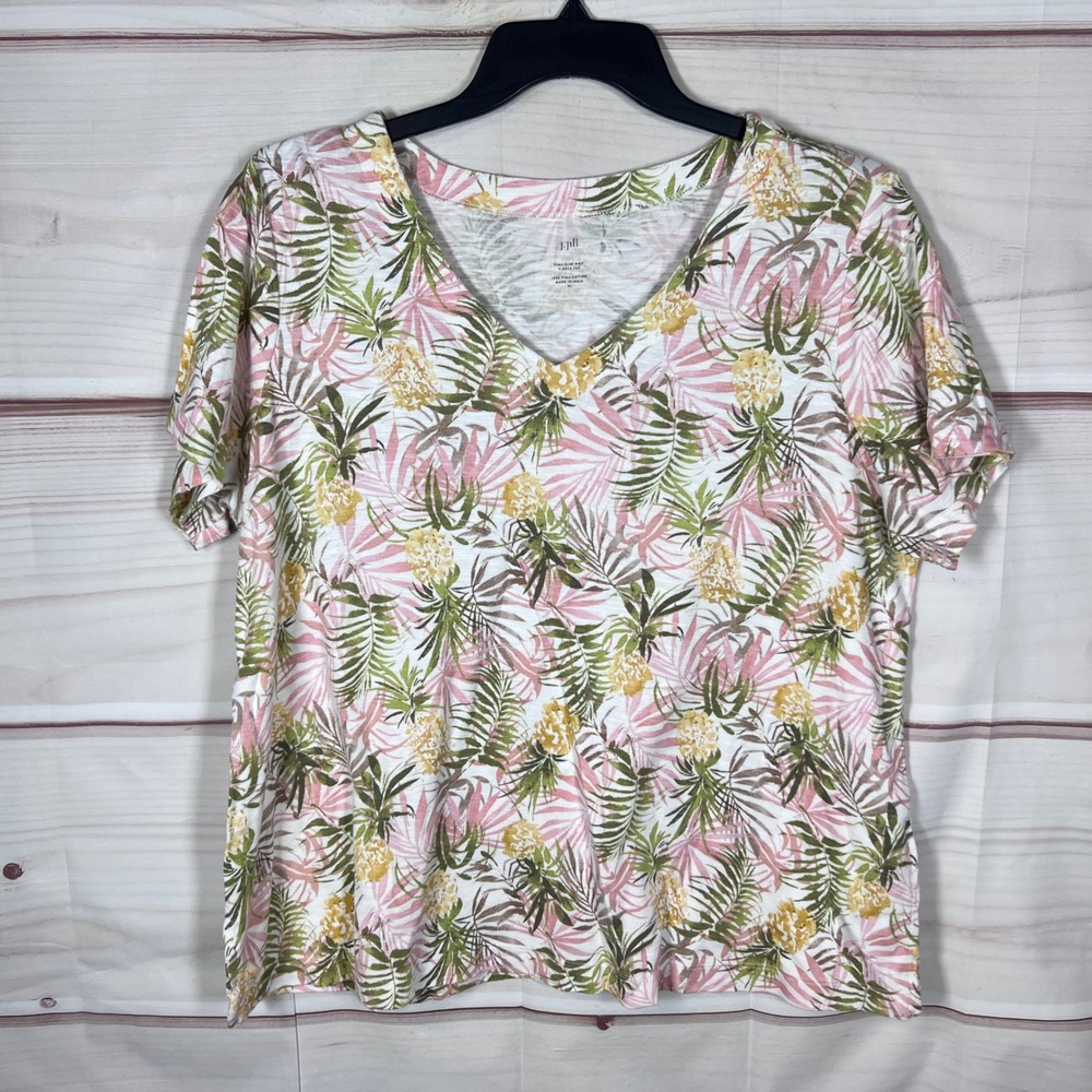 J.Jill T-Shirt Women XL Pink Pima Slub-Knit V-Neck Pineapple Palm Leaf Print Top